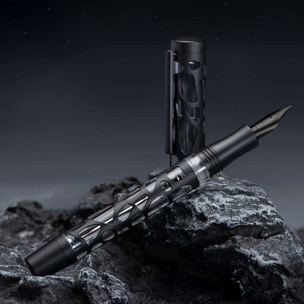 Asvine V169 Vacuum Filling Fountain Pen, Matte Black Water Drop Skeleton Transparent Acrylic Pen, Black Extra Fine Nib Office Pen with Case Set