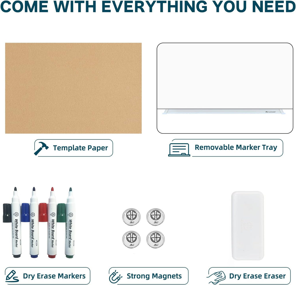 J&J worldwide Glass Dry Erase Board 6' x 3', Glass Whiteboard Magnetic, Large Frameless Glass White Boards for Walls, Includes Magnets, Marker Tray, Eraser for Office, Home, School