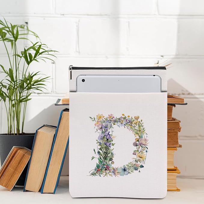Monogrammed Book Sleeve Floral D Initial Book Pouch Book Accessories Book Lovers Gifts Waterproof Book Cover Book Protector Bookish Gifts Personalized Gifts for Women Girls Readers Bride Daughter