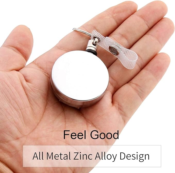 Will Well ID Badge Holder Reel with Clip and Keyring - Heavy-Duty All-Metal Casing with 27.5"UHMWPE Fiber Pull Cord for Durability and Easy Access, Holds up to 8 Keys - 2-Pack, Round, Glossy Silver