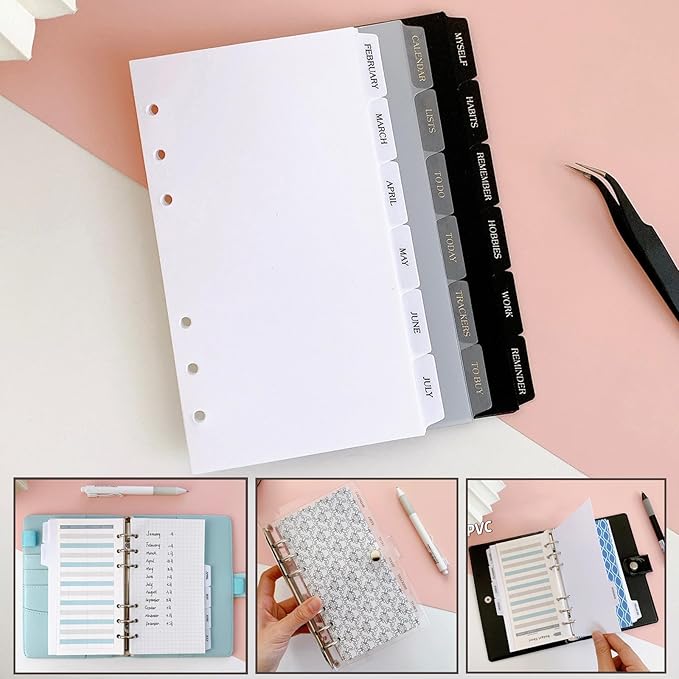 DY.2ten White Dividers for 6 Ring Binder, 7-Tab Sturdy Plastic Dividers, A5 Index Divider, 6 Hole Binder Dividers, Insertable Notebook Planner Tab Dividers for Binders