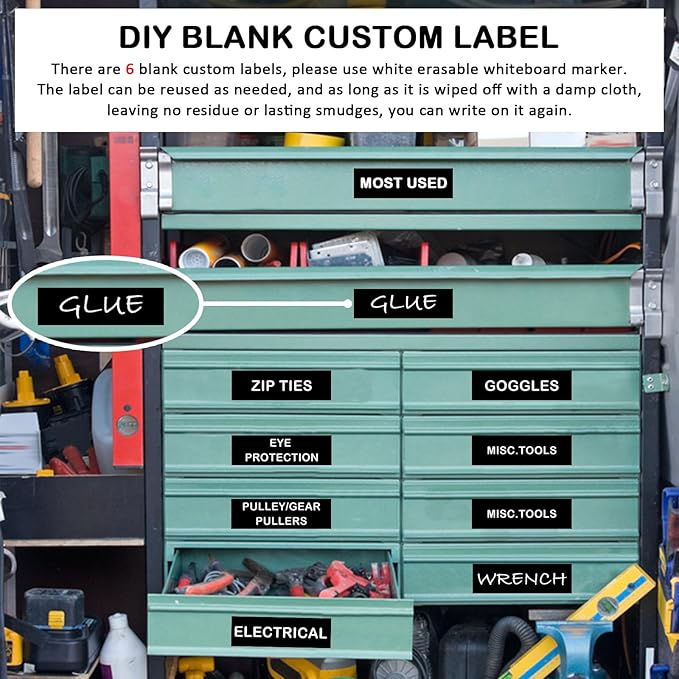 Tool Box Organization Magnetic Labels,Tool Chest Organizer Labels with Strong Magnets,Easy to Read Printing - Fits All Brands of Steel Tool Box Drawers (72 Pcs, 4 x 1 Inches)