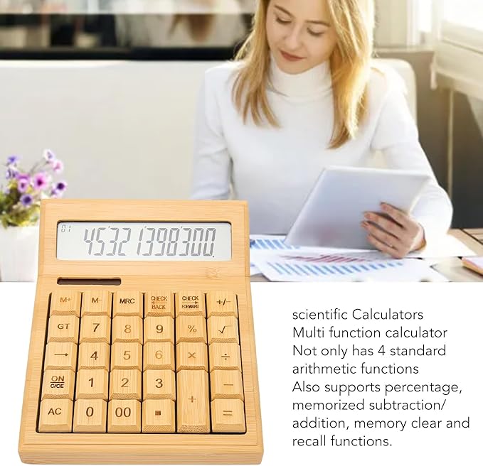 Zopsc Bamboo Calculator, Wooden Solar Calculators with 12 Bit Digital LCD Screen, Basic Standard Function Desk Calculators with 29 Big Buttons for Office Home School Store