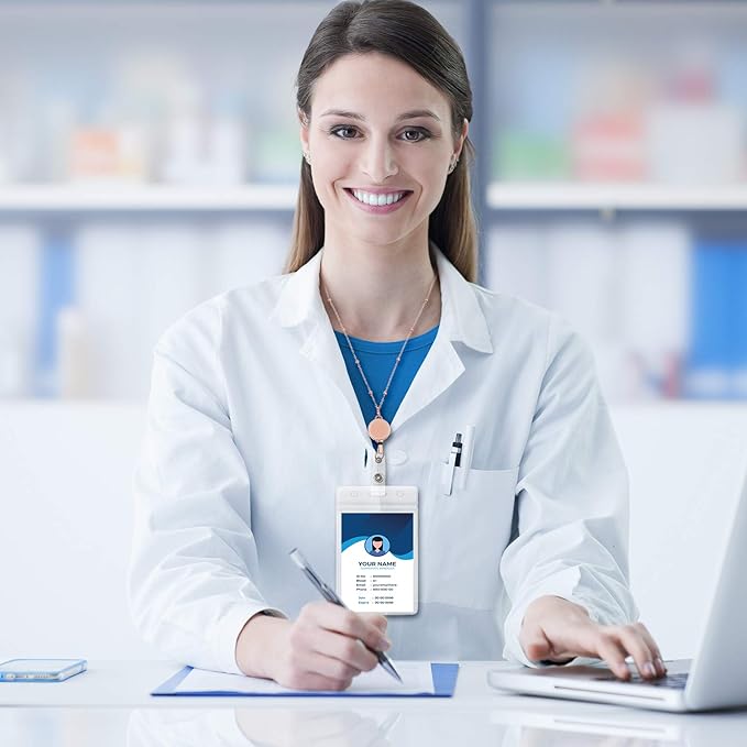 Outus 2 Pieces Badge Lanyard with ID Holders Stainless Steel Badge Holders Necklace Retractable Reel Clip Chain Water Resistant Name(Rose Gold, Silver)