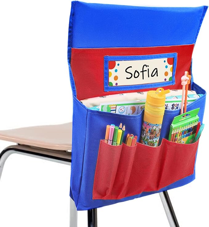 School Seat Chair with Storage Pocket Organizer, Label Slot, Multiple Pockets for School, Home, Classroom, Preschool, Daycare (Red+Blue)