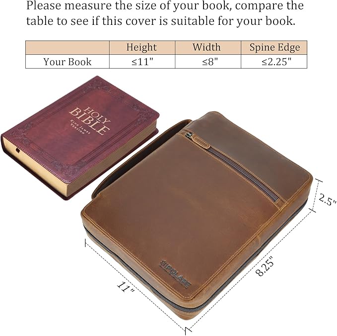 Polare Full Grain Leather Bible Cover Church Bag Bible Protective Book Holder Carrying Case Folder Organizer Portfolio for Men and Women (Light Brown)