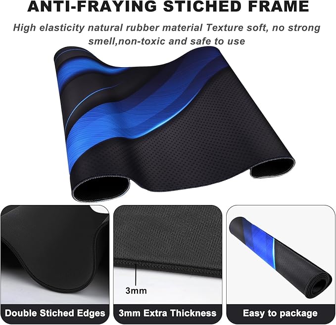 Desk Pad, Large Gaming Mouse Pad,Extended Keyboard Mouse Mat Desk Pad with Non-Slip Rubber Base & Stitched Edge for Computers Laptop Desk Home Office Accessories,Black Blue