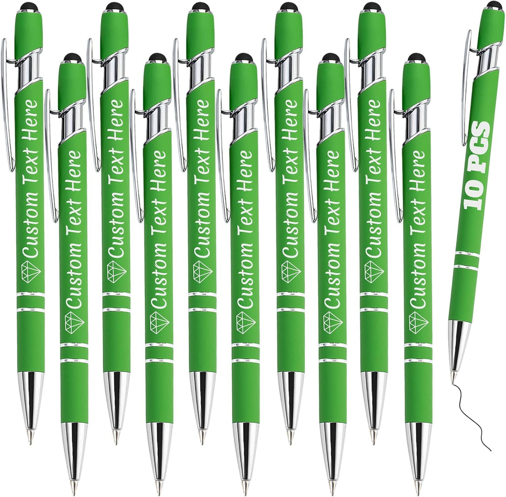 Personalized Pens Bulk 10 with Name Custom Engraving Ballpoint Pens with Stylus Tip Customized Smooth Writing Pens Personalized Gifts for Anniversary Birthday or Graduation(Light Green,Black Ink)