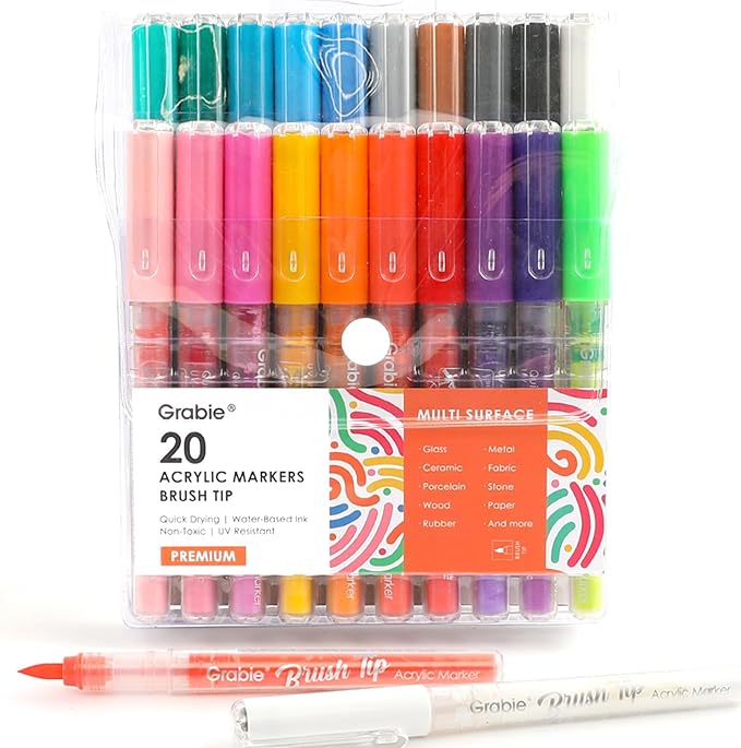 Grabie Acrylic Paint Pens Set, Easy-Flow Brush Tip Painting Markers for Canvas, Wood Crafts, Brush Tip Art Supplies