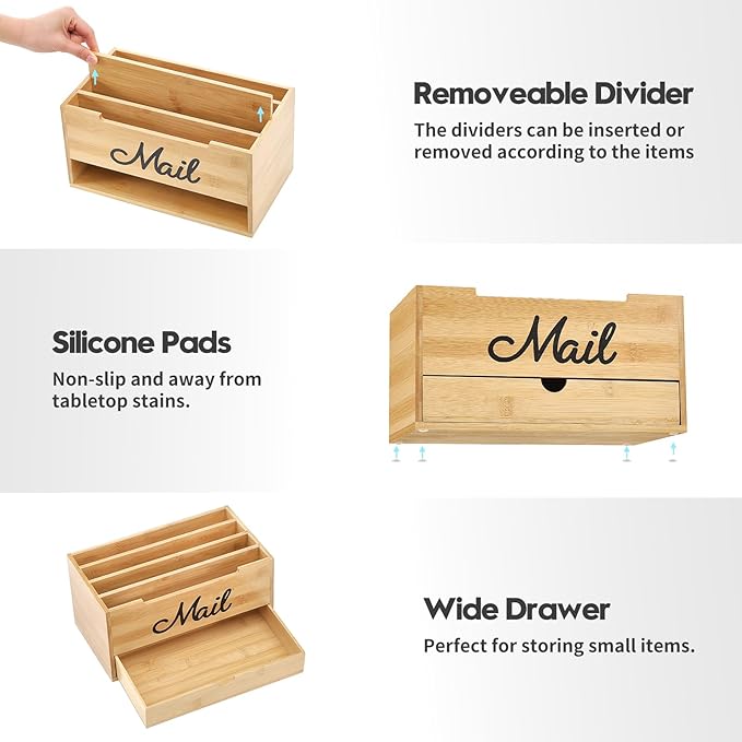 Qozary Mail Organizer Countertop - Adjustable Compartment Mail Letter Holder with Drawer, Bamboo Mail Sorter for Desk, Desktop File Organizer Holder, Desk Accessories Organizer for Home Office