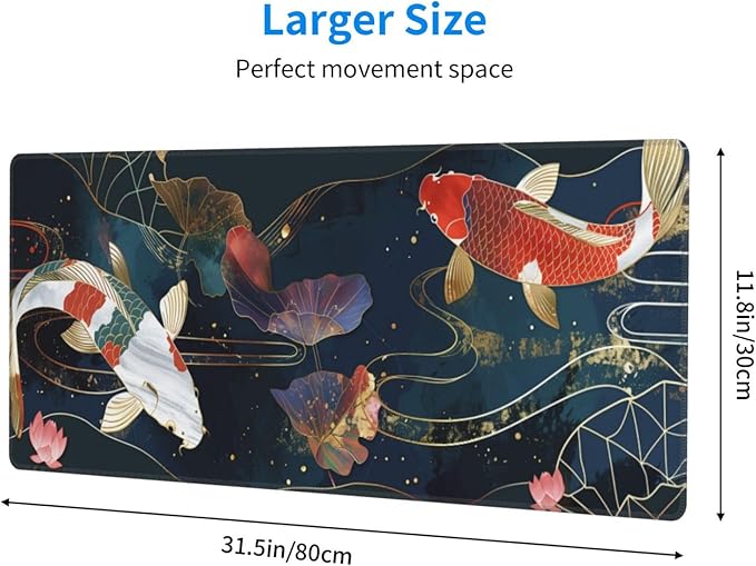 Gaming Mouse Pad Desk Pad,Extended Big Mouse Pad,31.5x11.8 Inch Long Computer Keyboard Mouse Mat Mousepad with 3mm Non-Slip Base and Stitched Edge for Gaming and Office… (koi)