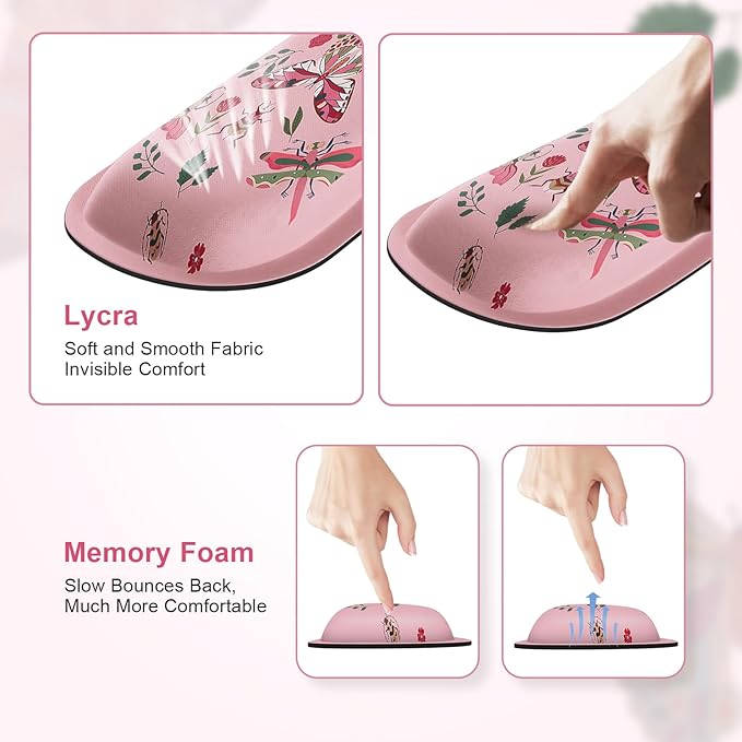 iCasso Ergonomic Mouse Pad with Wrist Rest, Keyboard Wrist Rest Mouse Wrist Rest, Made of Memory Foam, Easy Typing and Relieve Wrist Pain, Perfect for Computer Keyboard Office(Pink Butterfly)