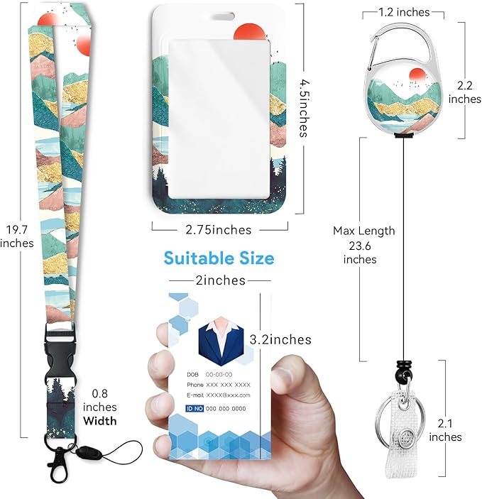 Mountain Badge Holder with Retractable Reel and Breakaway Lanyard，Badge Clips Retractable Heavy Duty Badge Reel，Keychain，ID Holder with Breakaway Lanyard for School Nurse Office