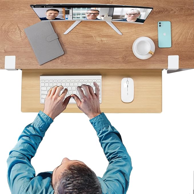 ETHU Keyboard Tray Under Desk, 26.8" x 12.2" Pull Out Steel Smooth Glide Sliding Keyboard Drawer, C Clamp Computer Keyboard Stand Ergonomic Desk Extender Tray for Home Office(Oak)