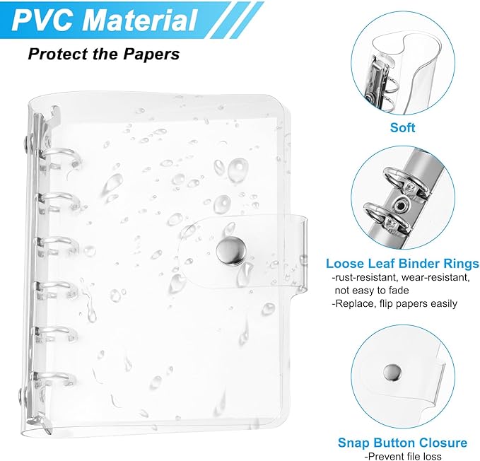 PATIKIL A7 Clear Binder Cover, Soft PVC Loose Leaf Binder Protector Refillable Notebook Shell with Snap Button Closure 6 Ring for DIY Meeting Notebook Folder, Silver Tone