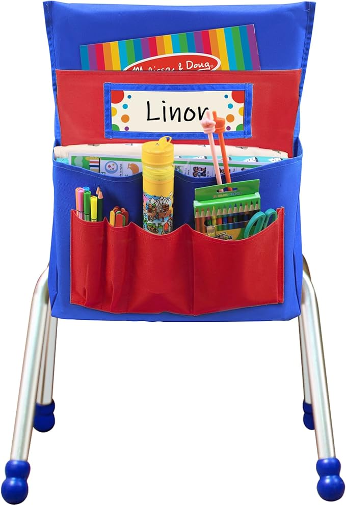 School Seat Chair with Storage Pocket Organizer, Label Slot, Multiple Pockets for School, Home, Classroom, Preschool, Daycare (Red+Blue)