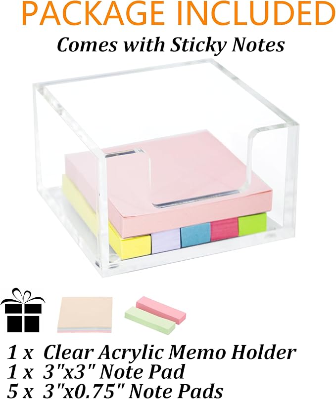 Acrylic Sticky Note Holder 3.9" x 3.9"x 2.4" for Desk Organization Office Home School Post Bank Memo Dispenser (DP012)