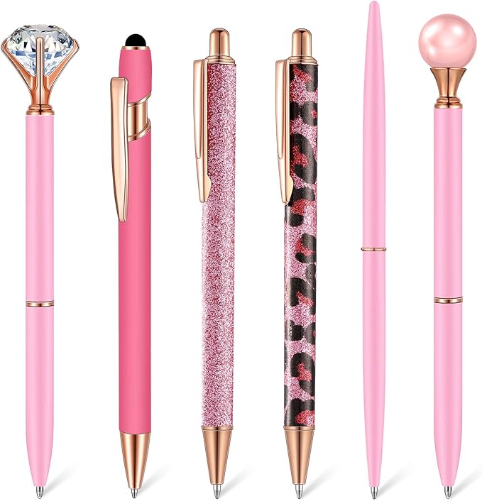 6 Pcs Ballpoint Pens Set Metal Crystal Diamond Pen for Journaling Glitter Pretty Cute Stationery Black Ink Fancy Gifts for Women Girls Teacher Office Wedding School Supplies(Pink Series)