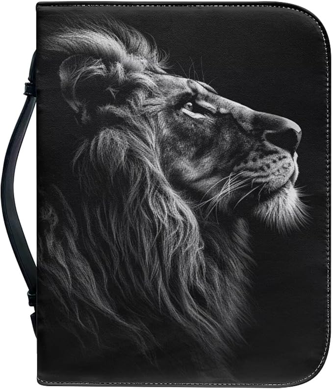 Lotusorchid Lion Print Faux Leather Bible Covers for Men, Portable Zippered Bible Carrying Case Bible Tote Bag for Women Girls, Christian Bible Study Accessories, Black, 2XL