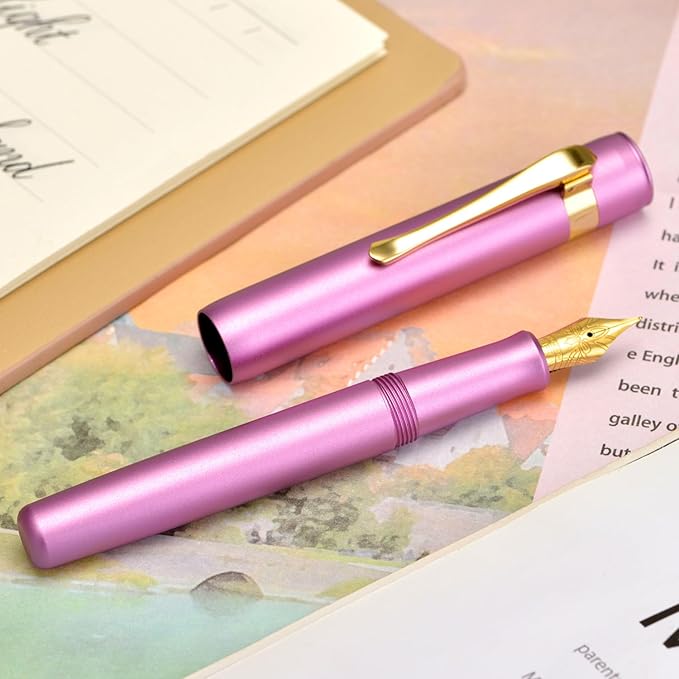 Hongdian M2 Mini Fountain Pen with Extra Fine Soft Golden Nib, Sleek Shape Aluminium Short Pocket Travel Pen (Lilac Purple)