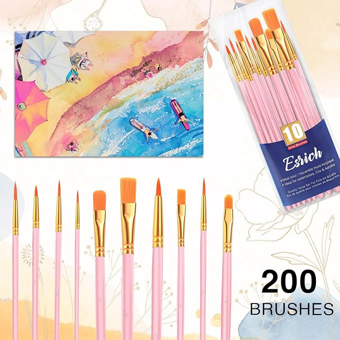 ESRICH Acrylic Paint Brushes Set, 20 Packs / 200 Pcs Nylon Hair Paint Brushes,Paint Brush Set Suitable for Oil,Watercolor,Rock Body Face Art, Kids Adult Perfect Art Painting Craft Paint Brush Kits.