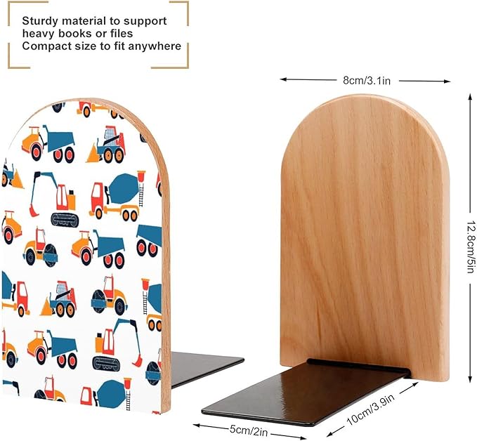 2 Pack Wood Bookends, Cars Excavators Pattern Non-Skid Book Ends for Heave Books, Decorative Bookends for Shelves Desk, Book Stoppers Book Holders for Home Office Library School