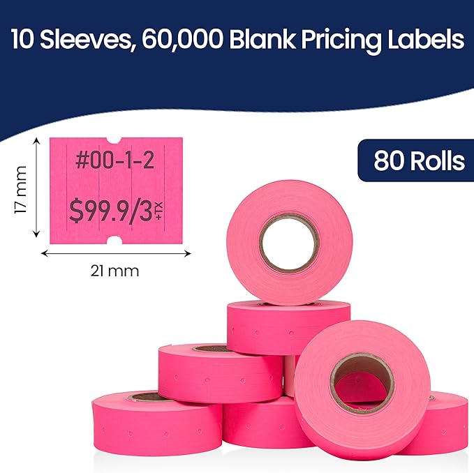 Perco 2 Line Fluorescent Pink Labels - 80 Rolls, 10 Sleeves, 80,000 Blank Price and Date Gun Labels for Perco 2 Line Price and Date Guns - Made in USA