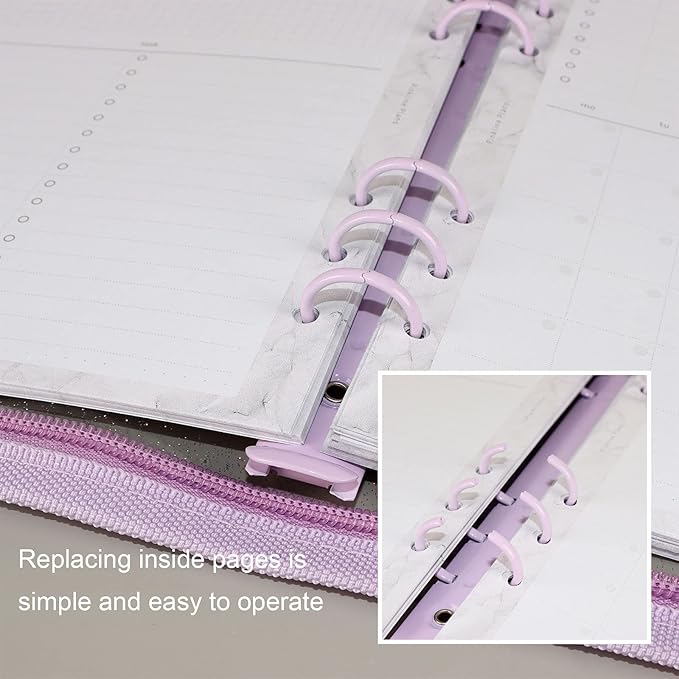 Multibey A5 Binder Cover Clear Soft PVC 6-Ring Binder Budget Cash Evelopes System with Zipper Planner Organizer Refillable Notebook Journal Binder (Purple, A5)
