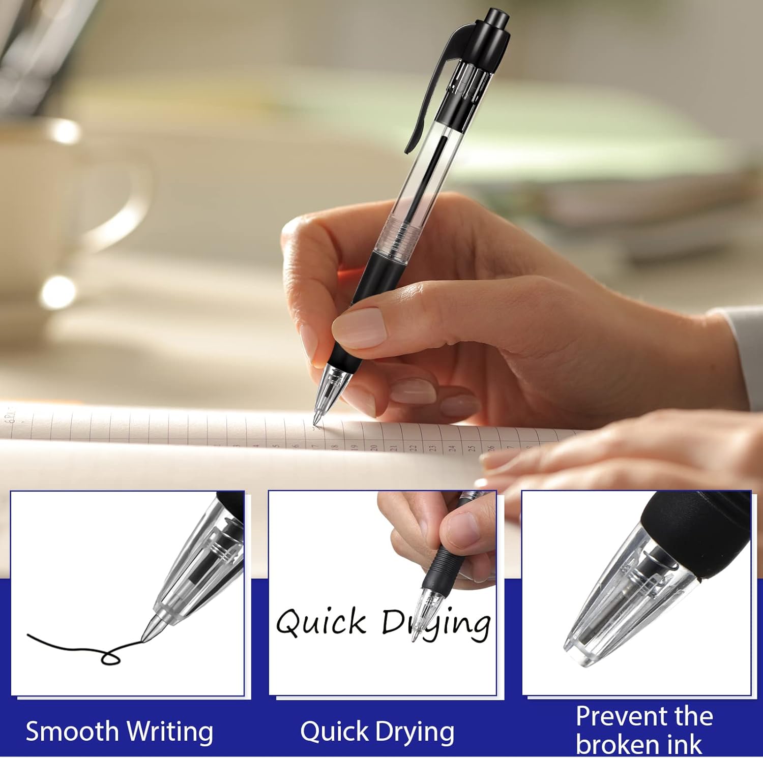 Fainne 200 Pack Retractable Ballpoint Pen 1.0 mm Medium Point Refillable Smooth Click Writing Pens With Grip for Work Journal Writing Office School Supplies(Black Ink, Blue Ink)