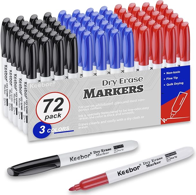 Dry Erase Markers Fine Tip, 3 Assorted Colors, 72 Pack Low-Odor Whiteboard Markers, Office Supplies