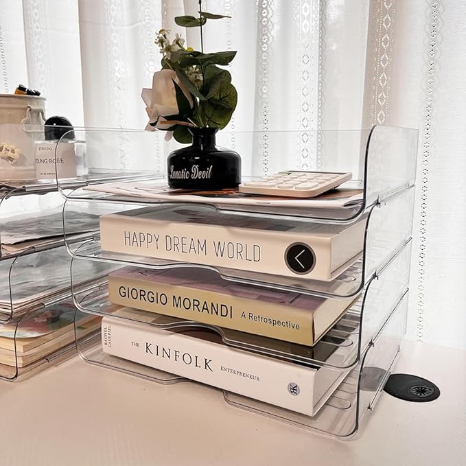 JOSUCLEN Paper Organizer, Acrylic Desk Organizer and Storage Office, Set of 4 File Organizer for Desk, Stackable Paper Tray