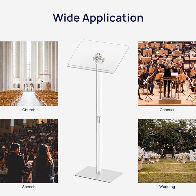 HMYHUM Small Acrylic Podium Stand, Angle Adjustable, 17.7" L x 13" W x 42.3" H, Modern Lecterns & Pulpits for Classroom, Concert, Church, Speech, Easy Assembly, Metal Base, Clear