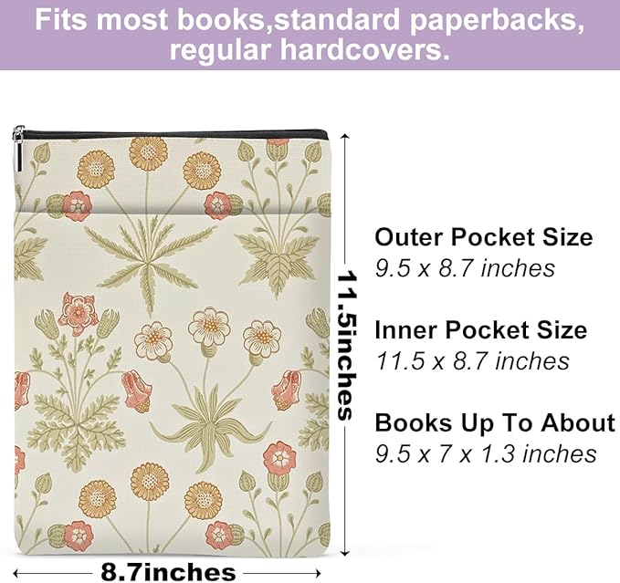 Retro Floral Book Sleeve Book Cover Classic Flower Book Protector with Zipper Christmas Birthday Book Club Gifts Book Accessories for Women Bestie Sister Librarian Girls Bookish Book Lovers Gifts