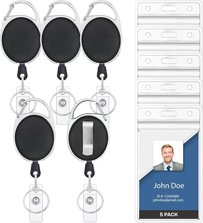Will Well ID Badge Holders with Clip and Keyring - Vertical Clear Plastic 3.58" x 2.52" Sleeves Fit Up to 3 Cards - Retractable 24" UHMWPE Fiber Pull Cords for Easy Access - 5-Pack, Black Reels