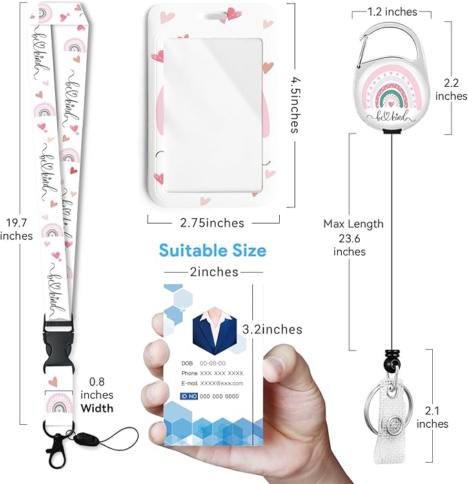 Rainbow Be Kind Badge Holder with Retractable Reel and Breakaway Lanyard，Badge Clips Retractable Heavy Duty Badge Reel，Funny Keychain，ID Holder with Breakaway Lanyard for School Nurse Office Teen