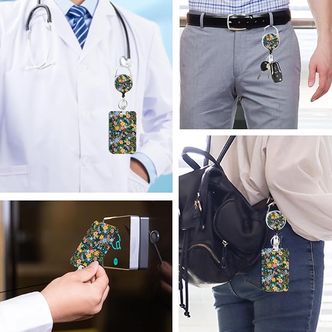 Flowers Badge Holder with Retractable Reel and Breakaway Lanyard，Badge Clips Retractable Heavy Duty Badge Reel，Funny Keychain，ID Holder with Breakaway Lanyard for School Nurse Office Teen