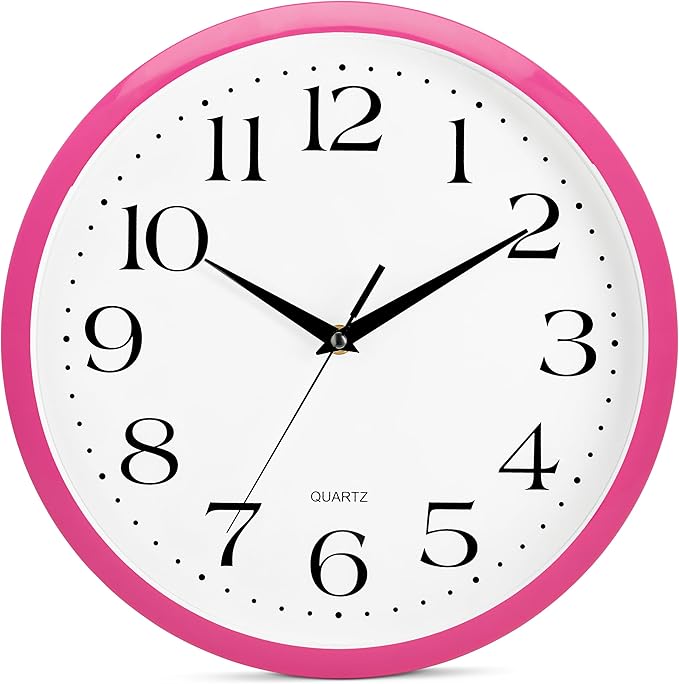 Bernhard Products Pink Wall Clock 12 inch Silent Non Ticking Battery Operated Quartz Easy to Read Round Classroom Home Decor for Kids Playroom Baby Room Nursery Fun