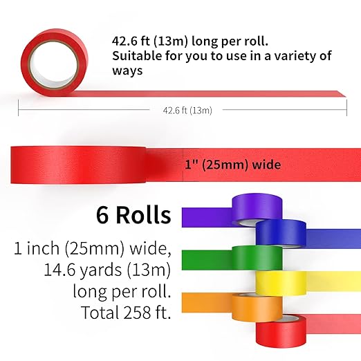 Colored Masking Tape 6 Rolls, 1 inch Wide x 14.3 Yards Long, Craft Tape Color Painters Tape Colorful Art Tape Rainbow Labeling Tapes Marking Tape for Kids Crafts Moving Classroom, 6 Colors