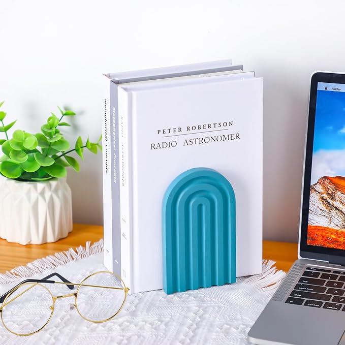 Harloon 4 Pieces Boho Arch Wood Bookends Rainbow Arch Back to School Gift Ideas Non Skid Bookend Decorative Wooden Book Stand Book Stoppers for Books Movies CDs(Bright Color)