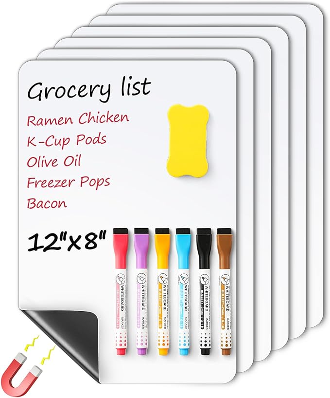 6 Pack Magnetic Dry Erase Board Sheet for Fridge, 12"x8" Erasable Refrigerator WhiteBoard w/ 6 Markers & 1 Eraser- Smooth and Flexible Small Magnet Blank Notepad for Home Kitchen Organizer and Planner