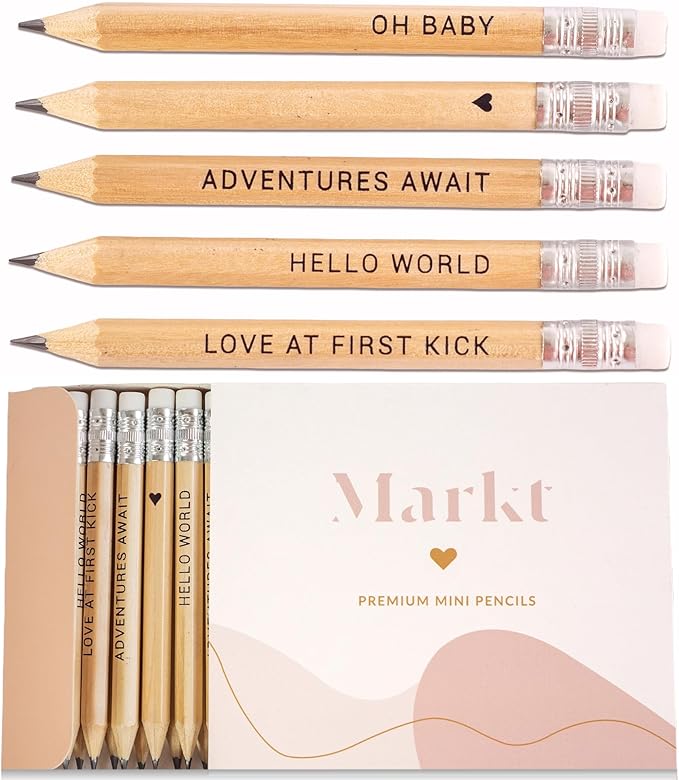 Markt Mini Pencils For Baby Shower Games For Girl Or Boy, Heart Pencils, Small Pencil Set (Wood)