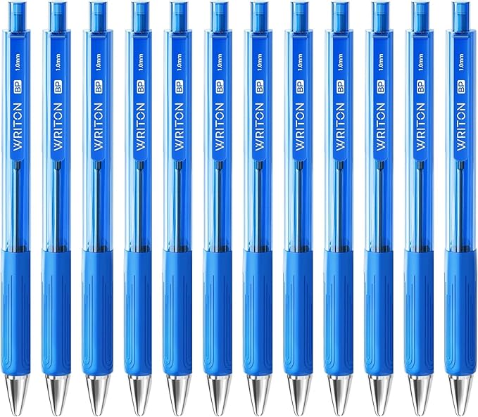 Writon Retractable Ballpoint Pens, Triangle Grip and Barrel, 1.0mm Medium Point, Blue Ink, 12 Pack