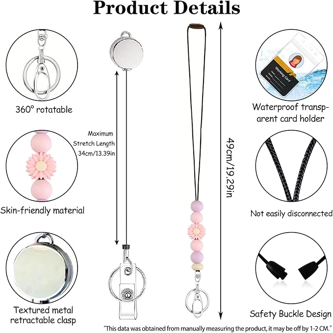 Colorful ID Badge Holder with Silicone Beads Lanyard Set,Cute Teacher Breakaway Lanyard for Keys & Keychain with Cute Retractable Badge Reel Holder,Gift for Women,Nurse, Teacher. (Pink Daisy 1)