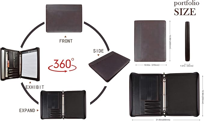 AZXCG Premium Leather Padfolio Binder for Men & Women - A4 Letter Size Notepad & iPad Pro 12.9 Compatibility(2018,2020,2021) Executive Portfolio Folder with Business Card Holder,Darkbrown