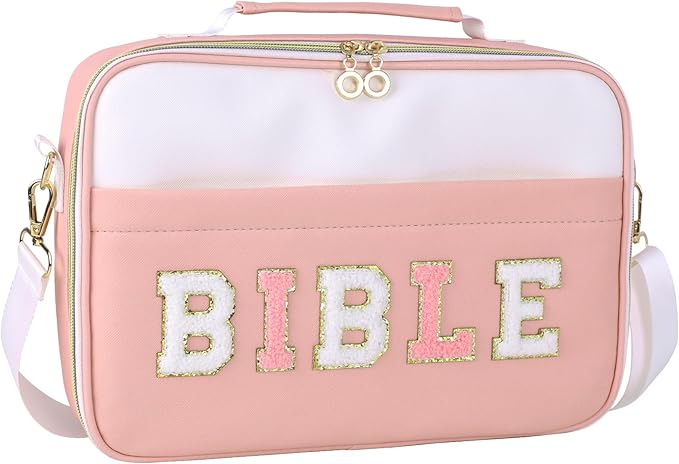 WOBANGEM Bible Cover Case for Women,Large Leather Bible Cases Christian Gifts for Women Men Girls,Preppy Chenille Letter Bible Bag with Shoulder Strap,Pink Bible Purse Bible Carrying Case for Women