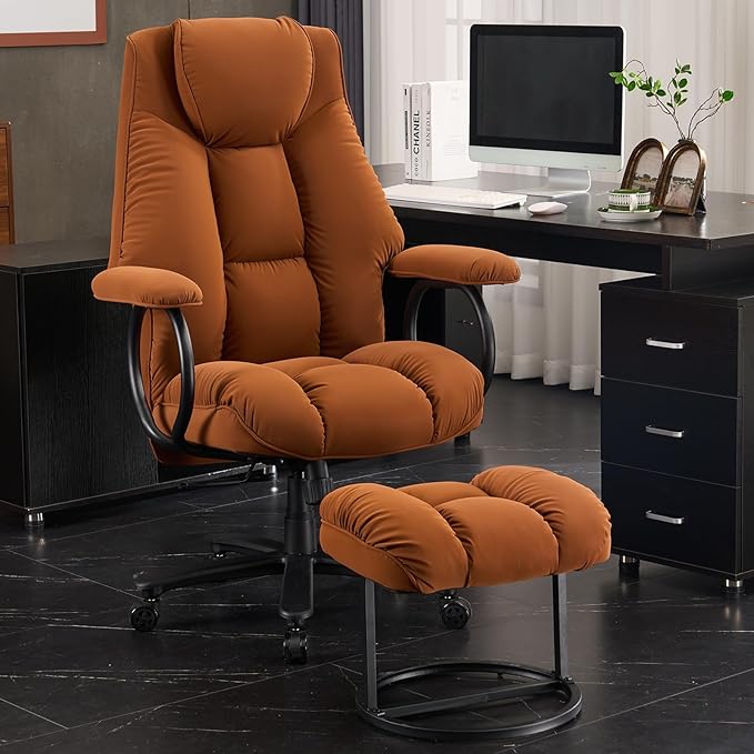 Office Chair Big and Tall, High Back Home Office Chair 400 lbs, Executive Office Chair with Ottoman, Ergonomic Office Chair with Padded Armrest, Swivel Computer Chair PU Leather (Khaki)