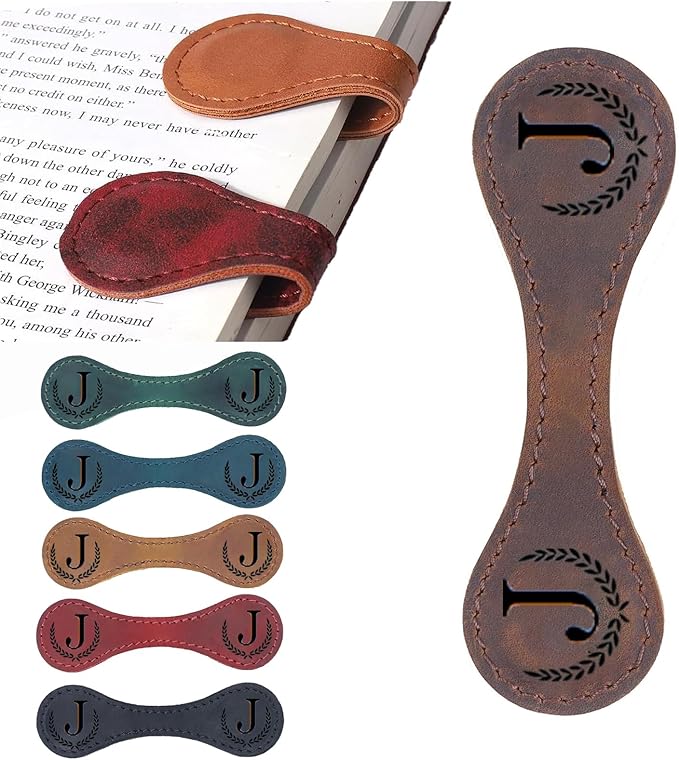 Personalized Magnetic Leather Bookmark, 26 Letters Custom Leather Bookmarks, Handmade, Leather Magnetic Bookmark for Book Lovers Readers Women Kid(Brown，J）