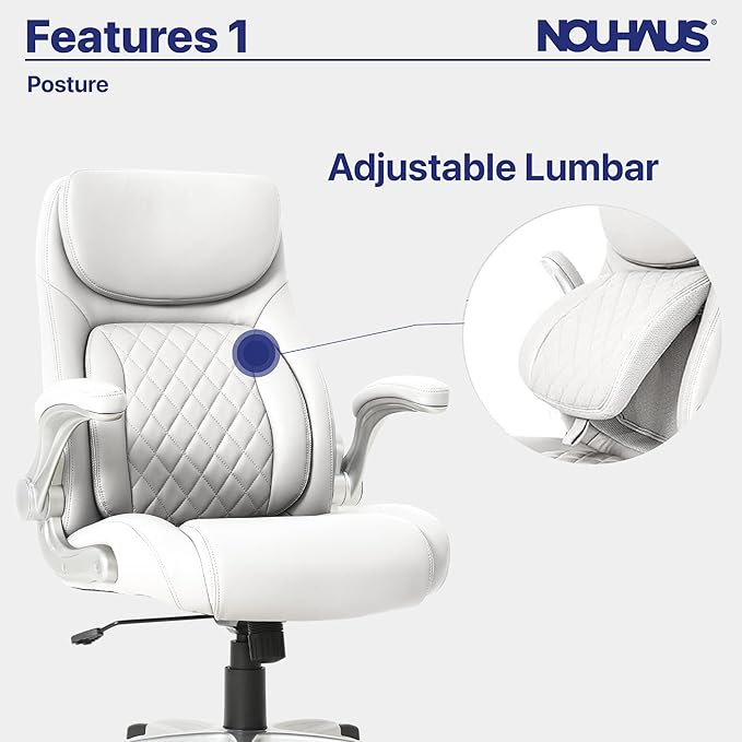 Nouhaus +Posture Ergonomic PU Leather Office Chair. Click5 Lumbar Support with FlipAdjust Armrests. Modern Executive Chair and Computer Desk Chair (White)