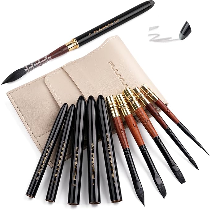 Travel Watercolor Brushes, Fuumuui Professional 6pcs Natural Soft Squirrel Hair Watercolor Travel Brush Set with Graphite Tip Pen Perfect for Watercolor Gouache Ink Painting