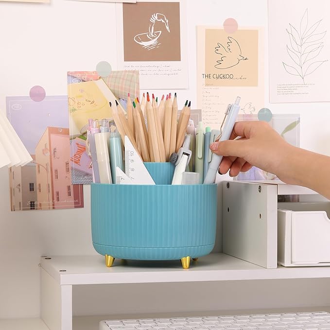 SKYDUE Makeup Organizer, Rotating Pencil Pen Holder for Desk, Dual-Purpose Desktop Organizer for Cosmetics & Pens, Makeup Brush Holder with 5 Slots, Pencil Cup for Office, Home